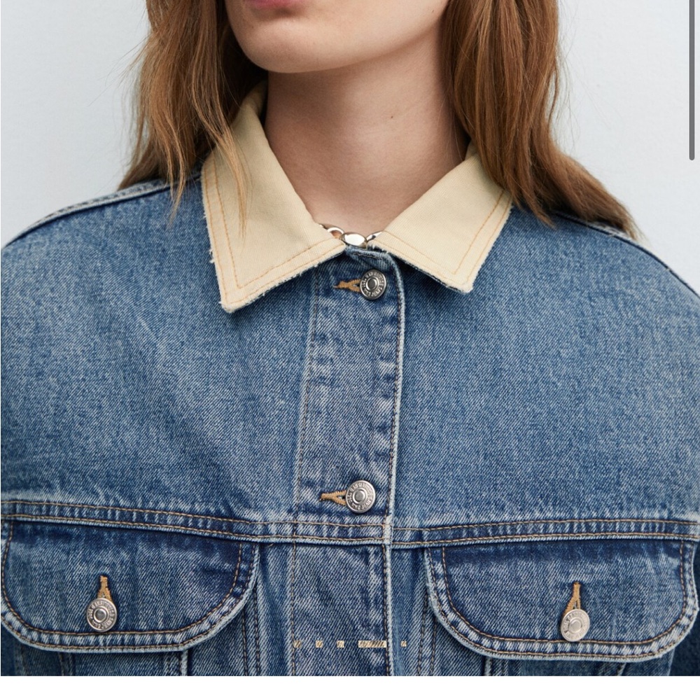 Mango Blue Denim Jacket with Cream Collar - Picture 2 of 6
